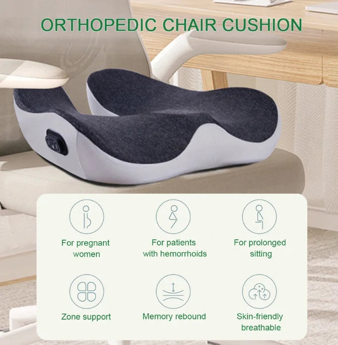 Massage cushion for office use, designed to relieve pressure on the coccyx from prolonged sitting, with vibration