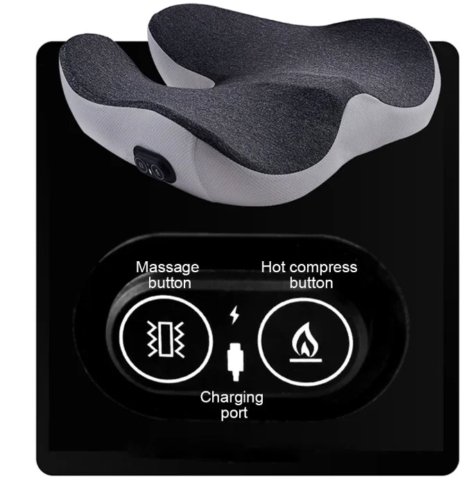 Massage cushion for office use, designed to relieve pressure on the coccyx from prolonged sitting, with vibration