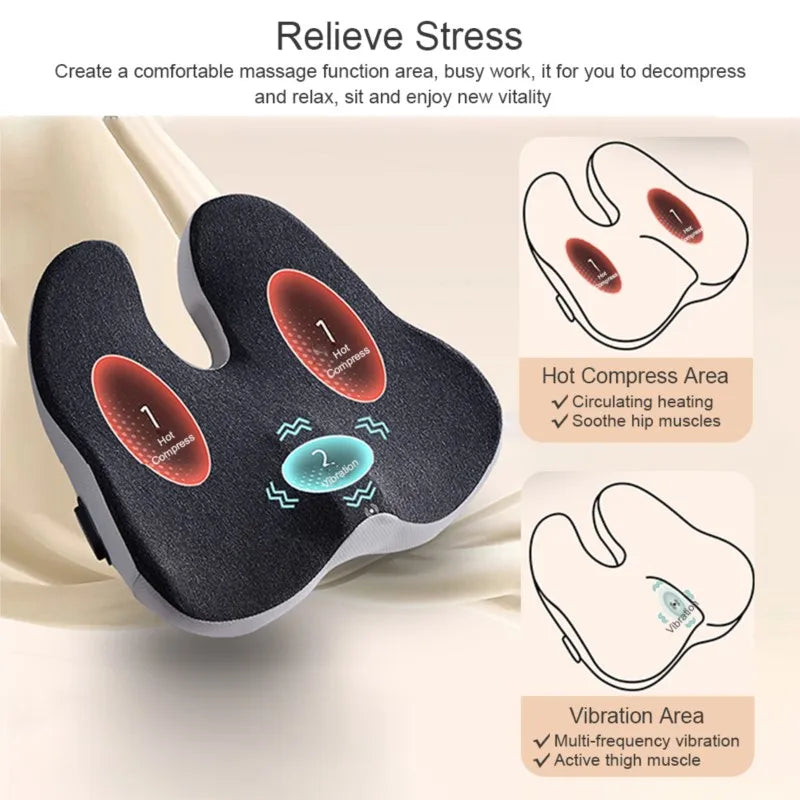 Massage cushion for office use, designed to relieve pressure on the coccyx from prolonged sitting, with vibration